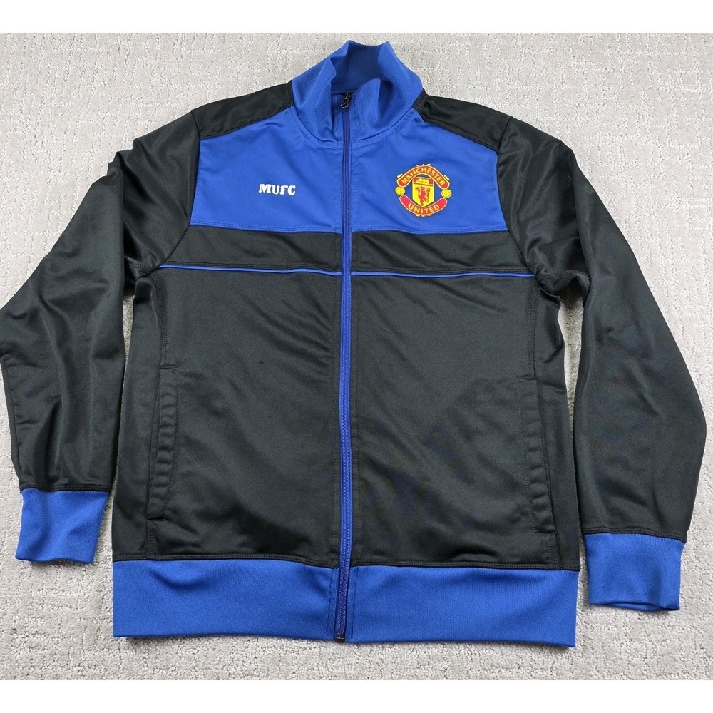 Manchester United FC Track Jacket Mens Medium Black Blue Full Zip Soccer *Flaw‎